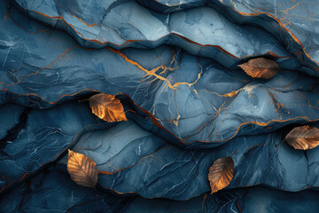 A dark blue and gold abstract background with golden veins, textured and layered. Created with Ai