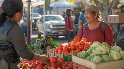 Amidst the lively atmosphere of an outdoors market, a multiethnic farmers couple radiates pride as a Latin female customer enthusiastically selects sustainable organic tomatoes and Napa cabbage
