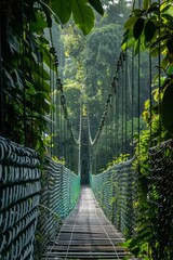 Step into a lush, green canopy walkway suspended high above the rainforest floor, offering panoramic views of the jungle landscape below, Generative AI