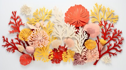 Vibrant and detailed image of paper cut coral art featuring an array of reds and yellows displayed against a solid grey background perfect for art school projects or thematic event decorations