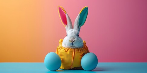 An bunny  in a yellow  bag with colorful bunny ears on a pastel background in a minimalist concept, Easter celebration concept.