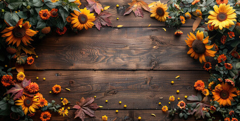 A rustic wooden background with sunflowers and green leaves at the edges, creating an elegant floral frame. Created with Ai