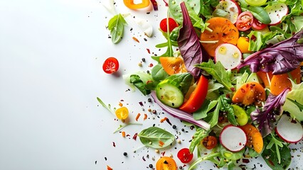 A vibrant salad with assorted vegetables floating above a white background. Concept Food Photography, Vibrant Salad, Assorted Vegetables, White Background