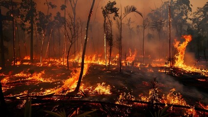 Obraz premium Forest fire danger due to climate change threatens wildlife in burnt areas . Concept Climate Change, Forest Fires, Wildlife Conservation, Environmental Threats, Ecosystem Disruption
