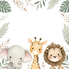 Obraz premium Watercolor Illustration Safari Animals and Tropical Leaves Border