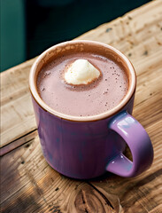 Hot chocolate with whipped cream in a purple mug on a wooden table