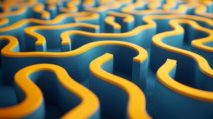 Obraz premium 3D rendering of a maze made from folded paper, set against a bright colorful yellow background, abstract design, widescreen, striking visual depth, AI Generative