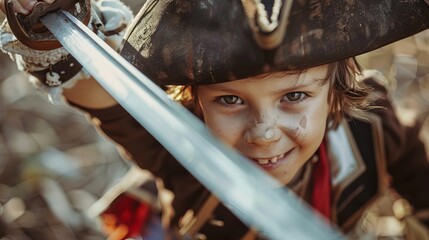 In The Hat And Uniform Of A Pirate , A Preschooler Lokks Happy While Holding A Sword For His Fancy...