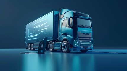 A blue electric truck stands connected to a futuristic charger, AI Generative