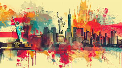 Abstract New York City skyline with colorful paint splashes