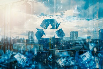 A double exposure of a recycling symbol and an industrial waste site, emphasizing the importance of responsible waste management and circular economy principles in industry