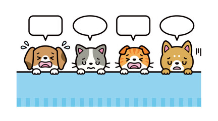 Illustration set of dog and cat crying with their faces out of the wall