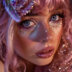 Un acercamiento al lindo rostro de una linda mujer con peluca rosa y maquillaje con glitter - obrazy, fototapety, plakaty
