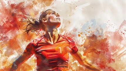 A woman in a red shirt with the number 1 on it is jumping in the air