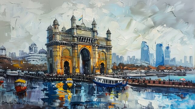 Captivating and vibrant oil paintings depicting the unique charm of Mumbai's cityscape. The artworks emphasize iconic landmarks such as the Gateway of India, Marine Drive, and other famous buildings.