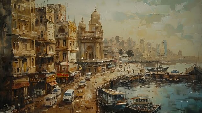 Captivating and vibrant oil paintings depicting the unique charm of Mumbai's cityscape. The artworks emphasize iconic landmarks such as the Gateway of India, Marine Drive, and other famous buildings.