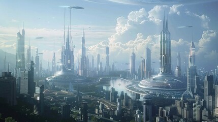 This collection of AI-generated images features stunning landscapes of futuristic cities and sci-fi worlds. 