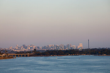 View of the bay and San Diego skyline from Mission Bay's boardwalk in San Diego, California.