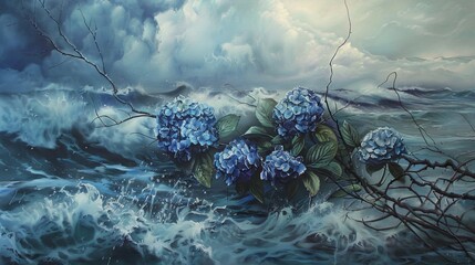 A pastel drawing depicting stormy seas and skies with twigs, blue hydrangea, and blue leaves.