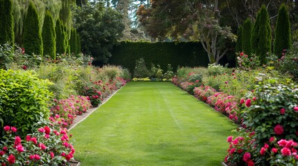 A regal garden featuring a lush lawn, rose bushes in the background, and carefully manicured trees and shrubs.