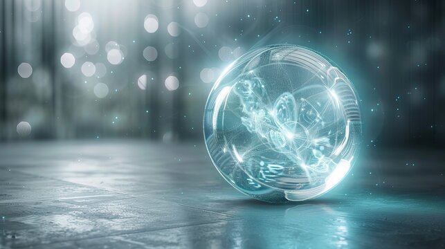 A transparent, scientific infographic-style 3D sphere displaying different behaviors. The sphere features backlit glowing areas and distinct, overlapping quadrants inside.