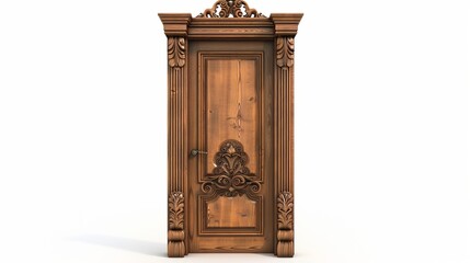 A 3D side-angle view of a luxurious wooden door featuring beautiful swirls, set against a white background.