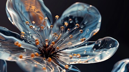 An ultra-realistic close-up of a glass flower, set against a dark background. This path tracing render showcases the flower's transparent material, resembling a miniature cosmos or manuka flower.