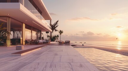 A realistic rendering of a large, luxurious modern house featuring a swimming pool and white deck, with a view of the beach during golden hour.