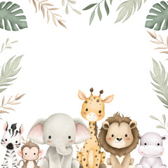 Watercolor Illustration Safari Animals and Tropical Leaves Border © Stella