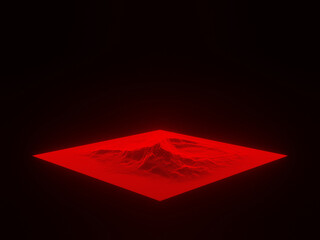 3D red holographic mountain. Grid topography.