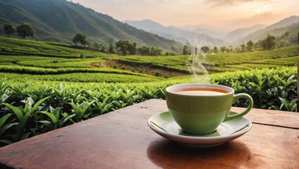 Tea cup with green tea leaf on the wooden table and the tea plantation background.