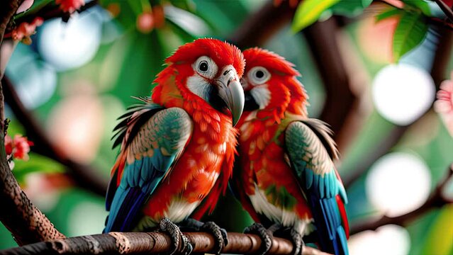 Couple of romantic red macaw parrots on branch. Generative AI