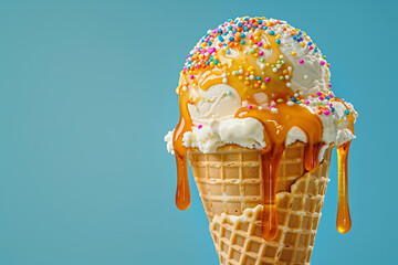 a delicious ice cream cone with sprinkles and dripping caramel on it, blue background, Generative AI - obrazy, fototapety, plakaty