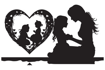 black silhouette mom and baby daughter love shape white background