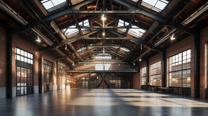 Obraz premium The expansive interior of an industrial loft-style warehouse, rendered in hyper-realistic detail The focus is on the harmonious blend of old and new, with weathered brick walls, AI Generative