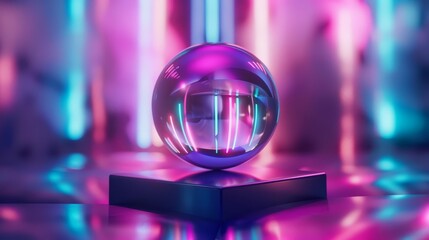 A Sci fi spherical product display rotates slowly on a podium, casting shiny surfaces in detailed, colorful Strange Bizarre sharpen blur background with copy space