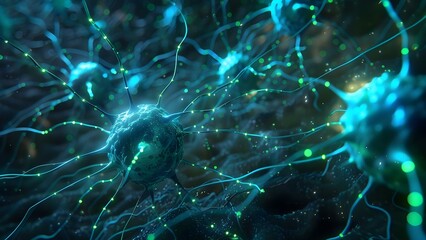 Illuminated Neuron Cells with Blue and Green Links Emphasizing Synapse Signals. Concept Synapse Signals, Neuron Cells, Blue Links, Green Links, Illuminated