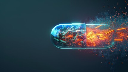 AIenhanced medicine pill concept portrays a revolution in pharmaceuticals and patient care, sharpening banner template with copy space on center