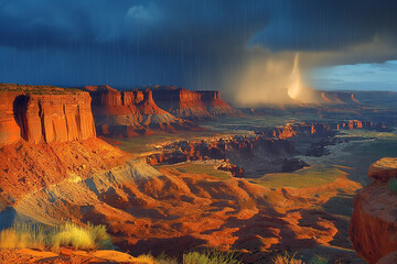 A small thunderstorm pours in the desert