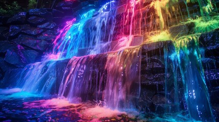 Amazing colorful glowing waterfall with rainbow colors.