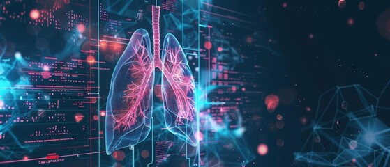 Digital illustration of human lungs with medical data overlays emphasizes advancements in respiratory health, sharpening banner template with copy space on center