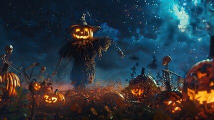 A lone scarecrow surrounded by pumpkins and skeletal remains under a starry night sky - obrazy, fototapety, plakaty