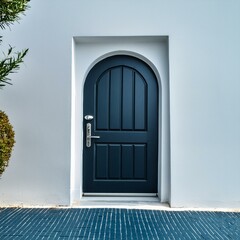 door to the sky,A minimalis the contrast of a sleek black door standing out against a pristine...