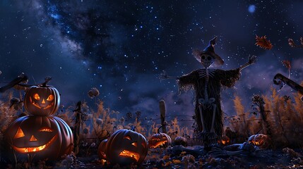 A lone scarecrow surrounded by pumpkins and skeletal remains under a starry night sky