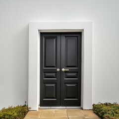 door to the house,A minimalis the contrast of a sleek black door standing out against a pristine white wall,