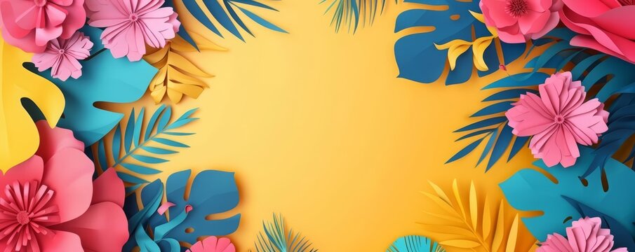 Illustration of Happy Womens Day floral decorations in paper art style bursts with vibrant flowers and leaves