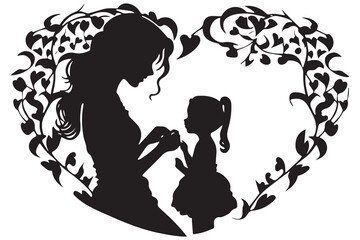 black silhouette mom and baby daughter love shape white background