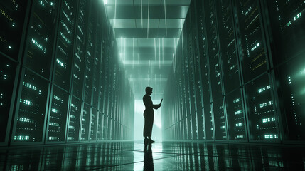 A visionary Chief Technology Officer, surrounded by towering racks of servers in a sleek, dimly lit warehouse, holding a sleek, futuristic laptop