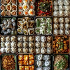 A colorful array of Asian street food, from steamed dumplings to spicy noodles, creates a stunning visual display, with solid background and copy space on center for advertise