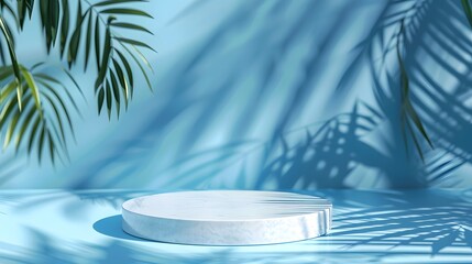 Obraz premium Modern product display on blue background with product podium, There is a shadow of the Plam tree., Product Display and Business Concept.